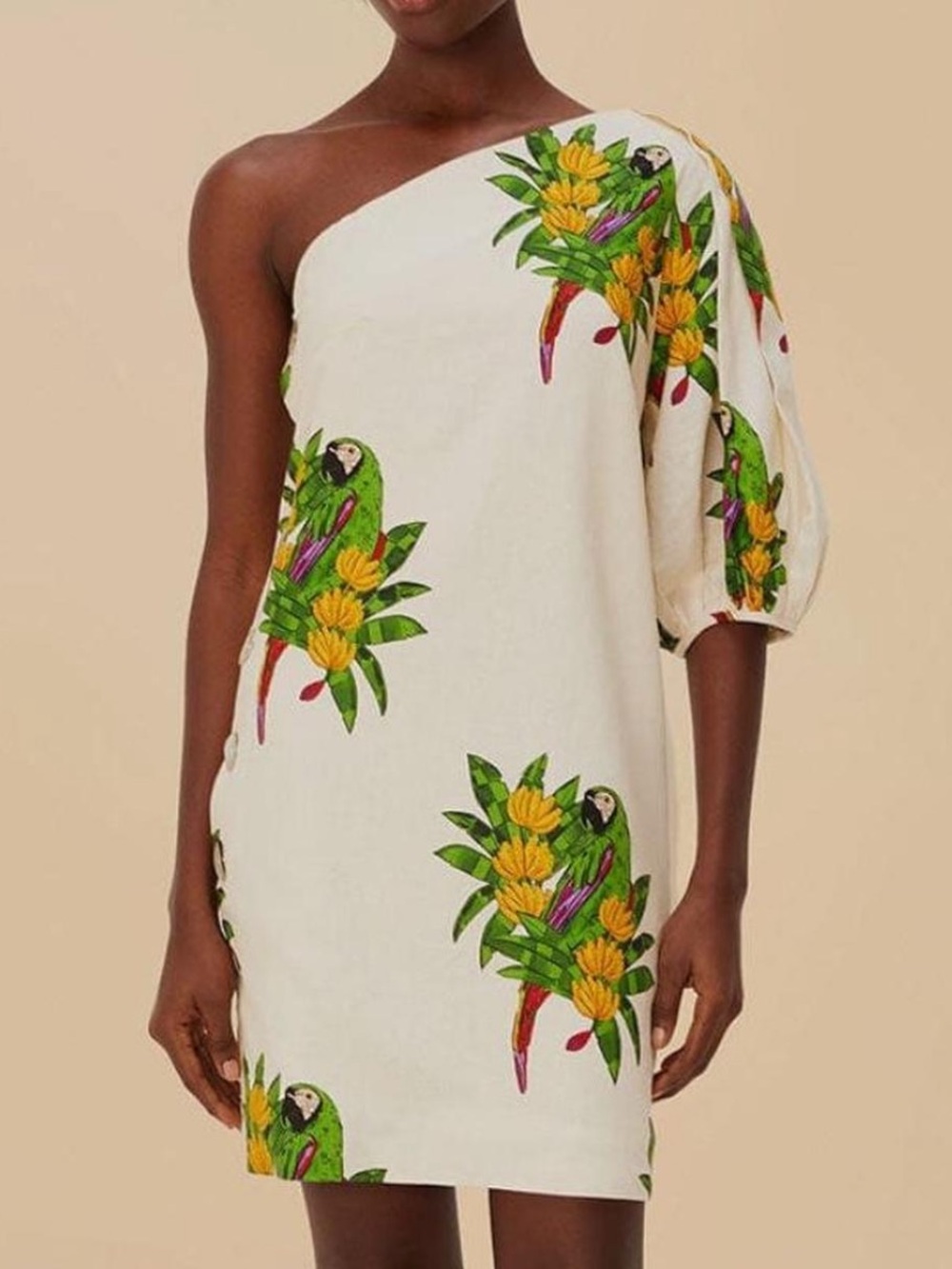 FARM Rio One-Shoulder Cream Dress with Green Parrot & Yellow Floral Print
